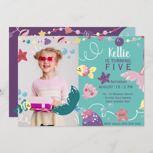 海女の下の人魚の誕生日写真パープル 招待状 (正面/裏面)