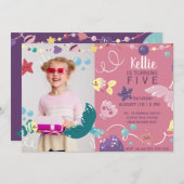 海女の下の人魚の誕生日写真ピンク 招待状 (正面/裏面)