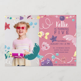 海女の下の人魚の誕生日写真ピンク 招待状