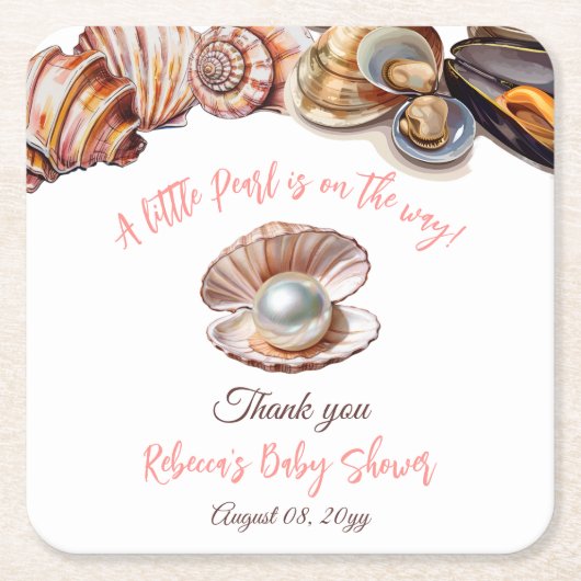 海女の子のベビーシャワーの下の小さな真珠 スクエアペーパーコースター (正面)