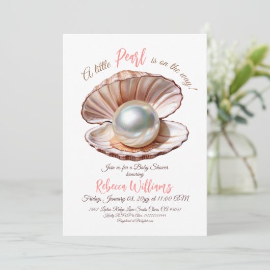 海女の子のベビーシャワーの下の小さな真珠 招待状 (スタンド正面)