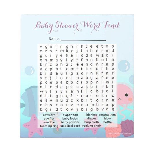 海女の子の下で赤ちゃんシャワー単語を検索ゲーム ノートパッド (正面)