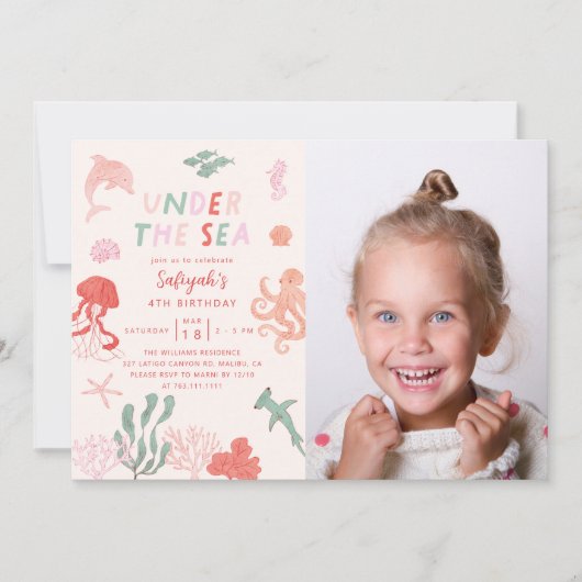海女の子の誕生日パーティーの写真の下 招待状 (正面)
