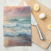 海威厳のあるサンセット波水彩沿岸 キッチンタオル (四つ折り)