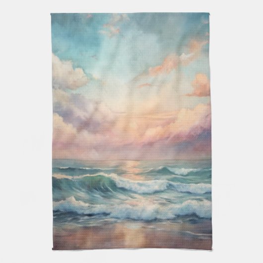 海威厳のあるサンセット波水彩沿岸 キッチンタオル (縦)