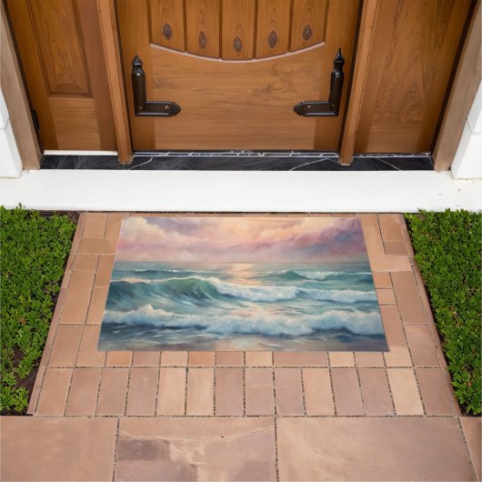 海威厳のあるサンセット波水彩沿岸 ドアマット (室外)