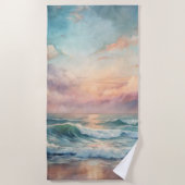 海威厳のあるサンセット波水彩沿岸 ビーチタオル (正面)