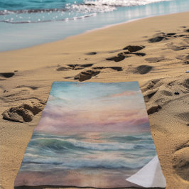 海威厳のあるサンセット波水彩沿岸 ビーチタオル