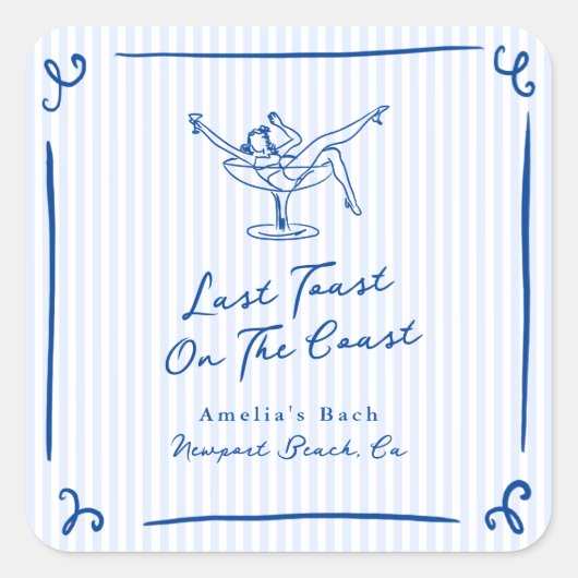 海岸お洒落でハンドドローされた青の最後のトースト スクエアシール (正面)