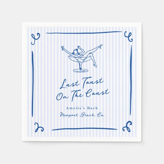 海岸お洒落でハンドドローされた青の最後のトースト スタンダードカクテルナプキン (正面)