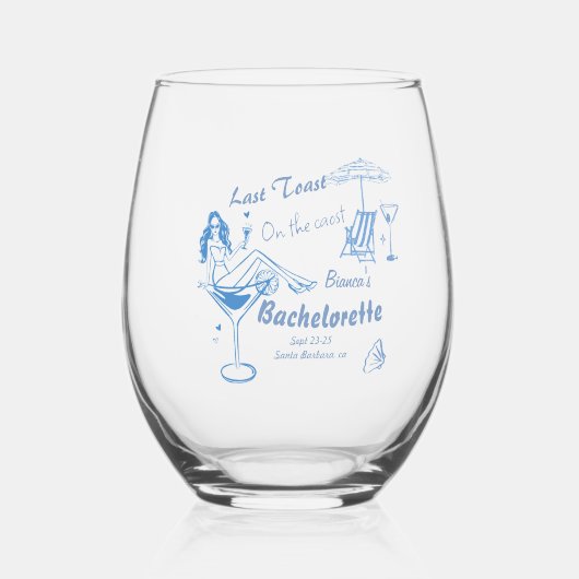 海岸でハンドドローされた最後のトーストバチェロレッテ ステムなしワイングラス (正面)