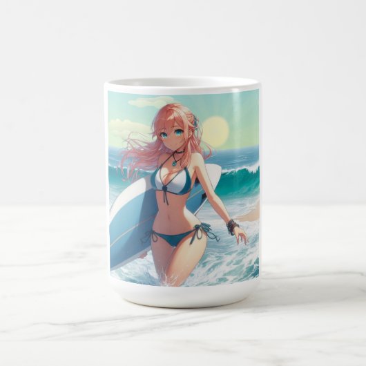 海岸のアニメサーファーガール コーヒーマグカップ (中央)