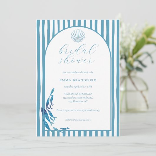 海岸のアーチ ブルー ホワイト ブライダルシャワー 招待状 (スタンド正面)