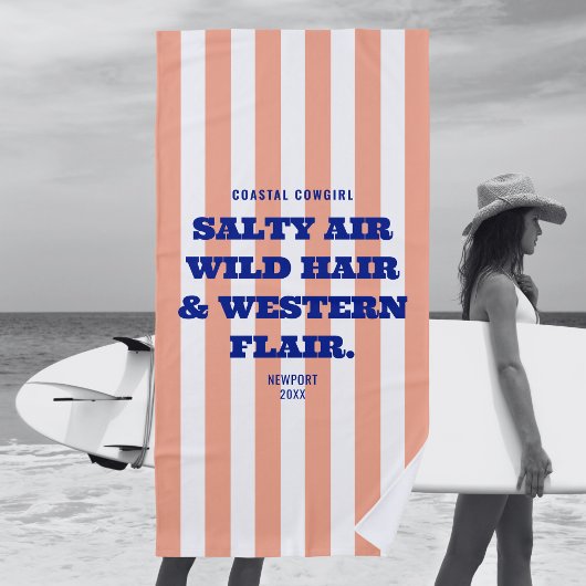 海岸のカウガール　ウェスタンな魅力のピンクカバナストライプ ビーチタオル