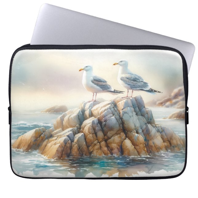 海岸のカモメ 水彩海景画 ラップトップスリーブ (正面)