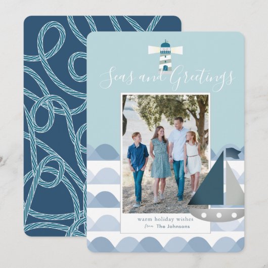 海岸のクリスマス セーリングボート ホリデー フォト カード (正面/裏面)