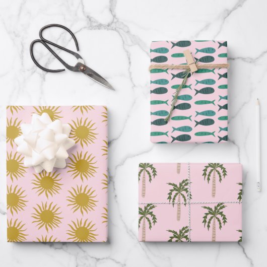 海岸のサロン パームツリー 魚 太陽 かわいい オーダーメイド ラッピングペーパーシート (正面)