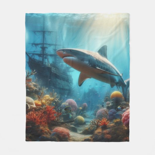 海岸のトラザメとサンゴ礁 フリースブランケット (正面)