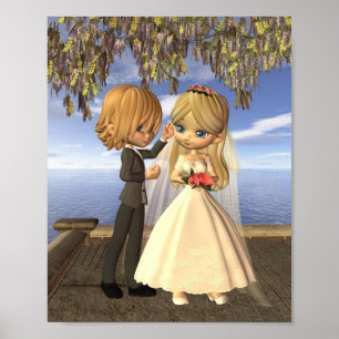 海岸のバルコニーのかわいい漫画の結婚式のカップル ポスター