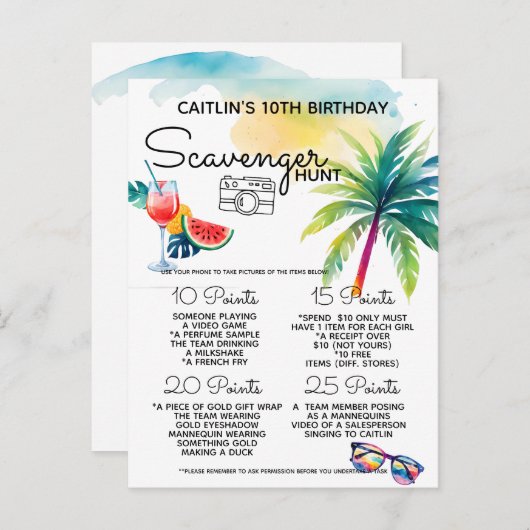 海岸のビーチでの宝探しゲーム 案内ポストカード (正面/裏面)