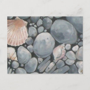 海岸のビーチの小石と貝殻の絵画プリント ポストカード