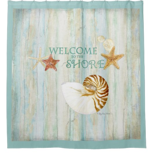海岸のビーチの泊り客のBathの芸術への歓迎 シャワーカーテン (正面)