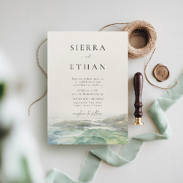 海岸のビーチの潮溜まりのクリーム色がかった緑のエレガントなウェディング 招待状