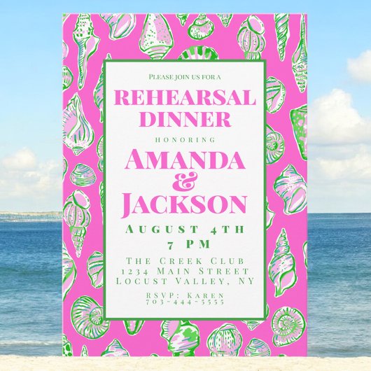 海岸のピンクの貝殻リハーサルディナー招待状 招待状