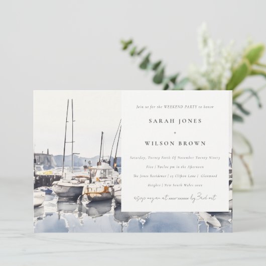 海岸のボートがハーバーで週末パーティー 招待状 (スタンド正面)