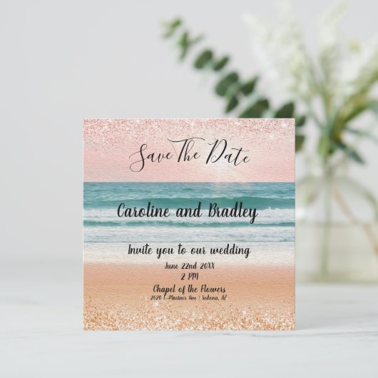 海岸のロマンス: エレガントなビーチの結婚式のご案内 セーブザデート (スタンド正面)