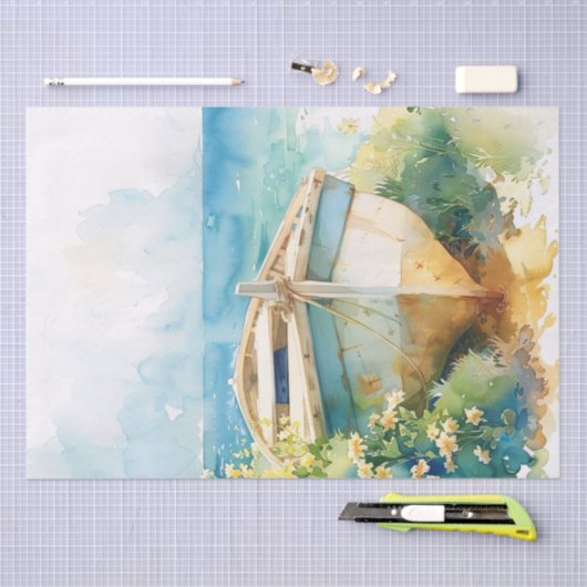 海岸の切り離し船の水彩船 薄葉紙 (クラフト)