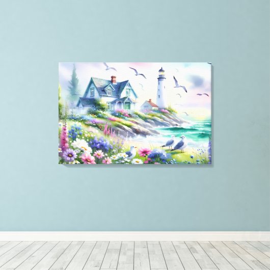 海岸の別荘と灯台 水彩画 キャンバスプリント (インサイチュ (ウッドフロア))
