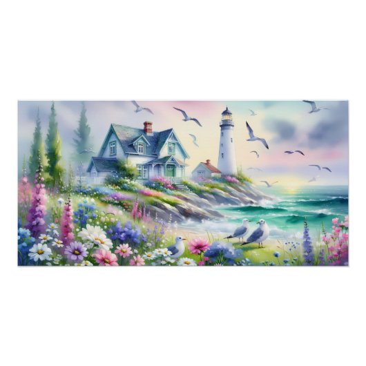 海岸の別荘と灯台 水彩画 ポスター (正面)