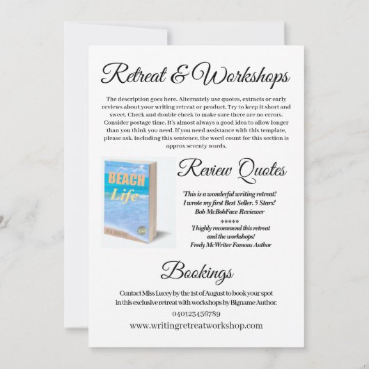 海岸の執筆退去の作家の生命コーチビジネス 招待状 (裏面)