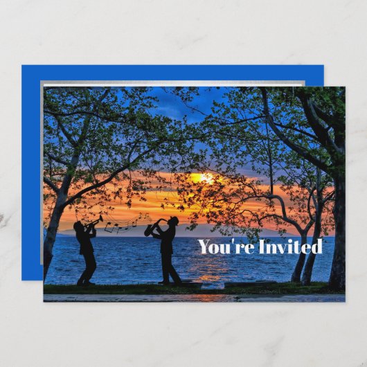 海岸の夕焼けミュージシャンシルエット誕生日 招待状 (正面/裏面)