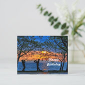 海岸の夕焼けミュージシャン シルエット 誕生日 ポストカード (スタンド正面)