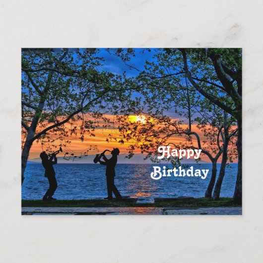 海岸の夕焼けミュージシャン シルエット 誕生日 ポストカード (正面)