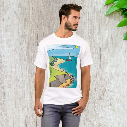 海岸の崖のビーチセイルボート Tシャツ