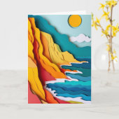 海岸の崖 朝日と海 カード (黄色い花)