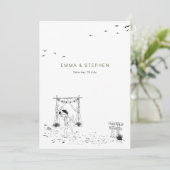 海岸の愛 サンディビーチ ミニマル ラインアート ウェディング 招待状 (スタンド正面)