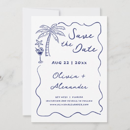 海岸の手描き落書きビーチウェディング セーブザデート (正面)