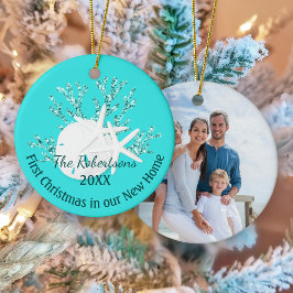 海岸の最初のクリスマス 新居 水色の写真 セラミックオーナメント