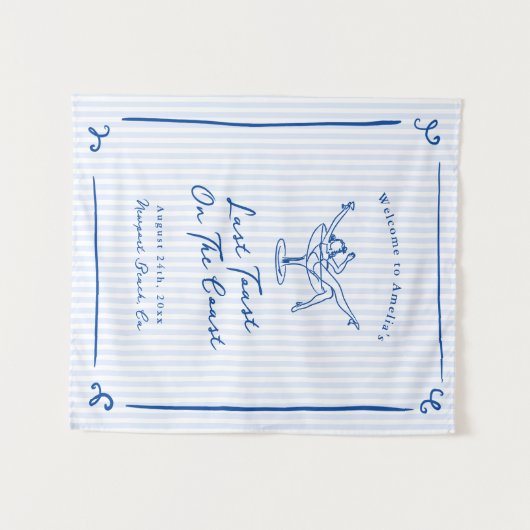 海岸の最後のトーストをイメージした、ふんわり手描きブルー タペストリー (正面(横))