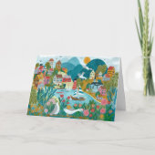 海岸の村の港の風景イラスト カード (正面)