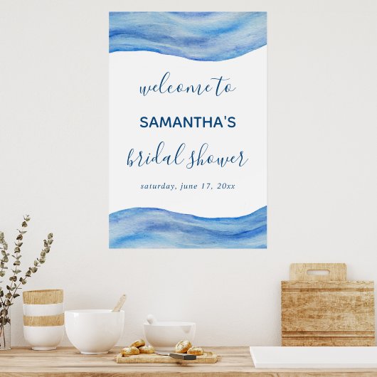 海岸の波 水彩 ブルー ブライダルシャワーの看板 ポスター (キッチン)