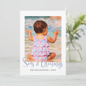 海岸の海とグリーティング フォト アクア ブルー ストライプ シーズンカード (スタンド正面)