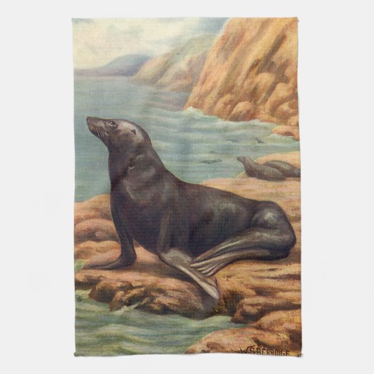 海岸の海獅子、ビンテージの海洋哺乳類 キッチンタオル (縦)