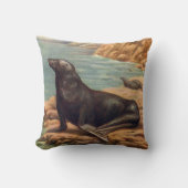 海岸の海獅子、ビンテージの海洋哺乳類 クッション (正面)