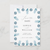 海岸の海辺のブルー シェル フレーム ウェディング セーブザデート (正面)