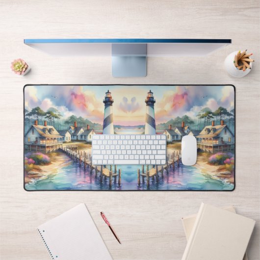 海岸の灯台とビーチコテージの風景 デスクマット (オフィス1)